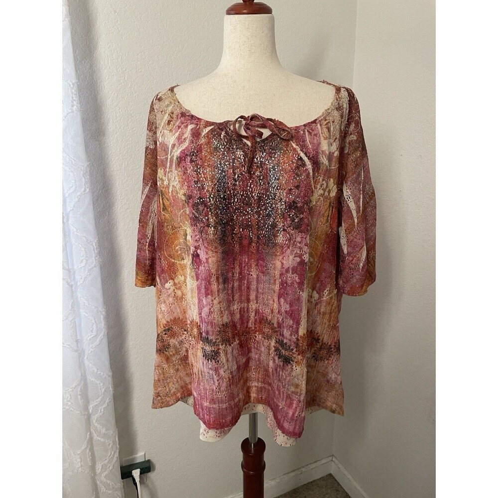 Catherines 2X  Boho Blouse Pink Orange Sheer Overlay Plus Size Fairy Artsy